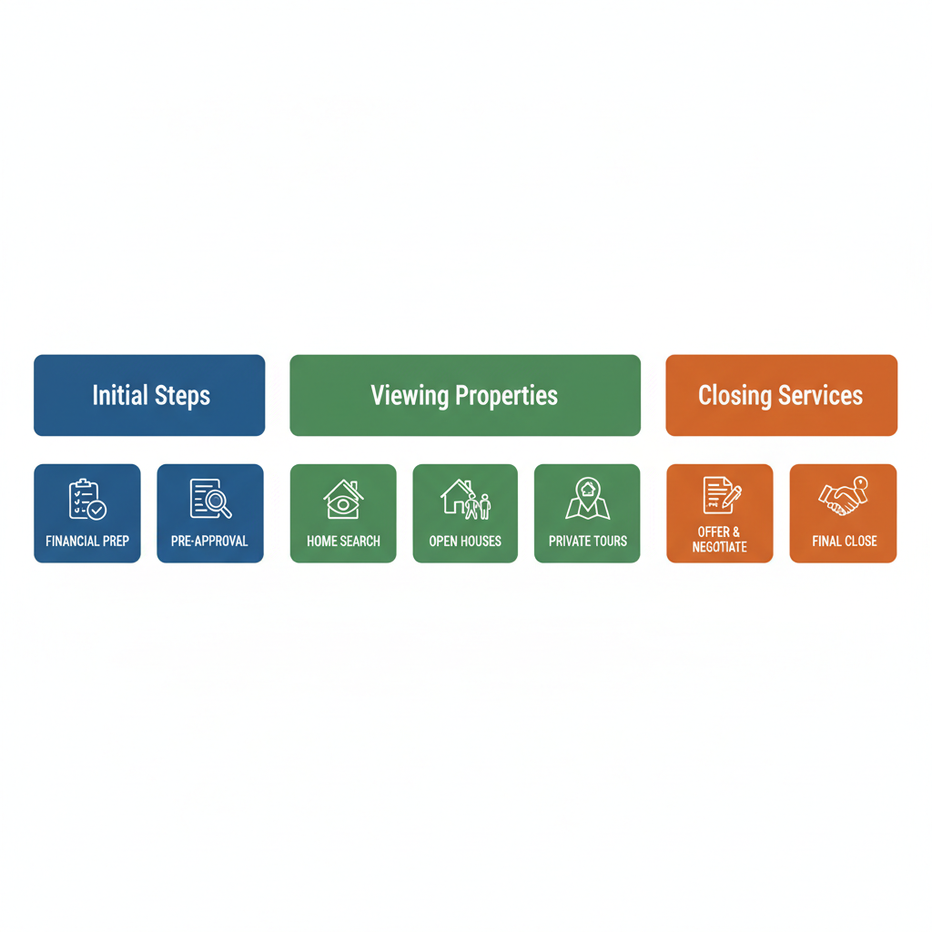 Horizontal process flow diagram showing three stages of home buying in Birmingham: initial preparation, property viewing, and closing services with icons.