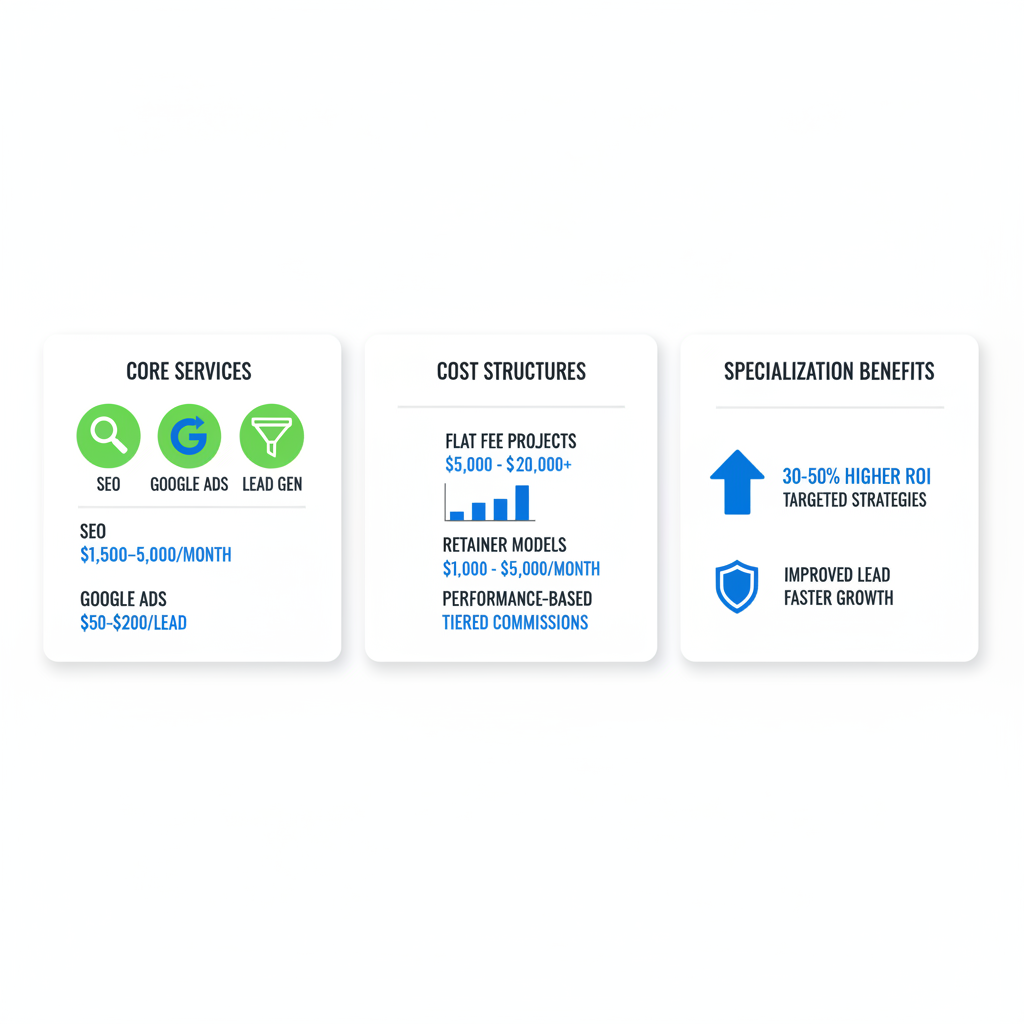 Infographic overview of roofing marketing agencies including core services icons, cost structures, and specialization benefits