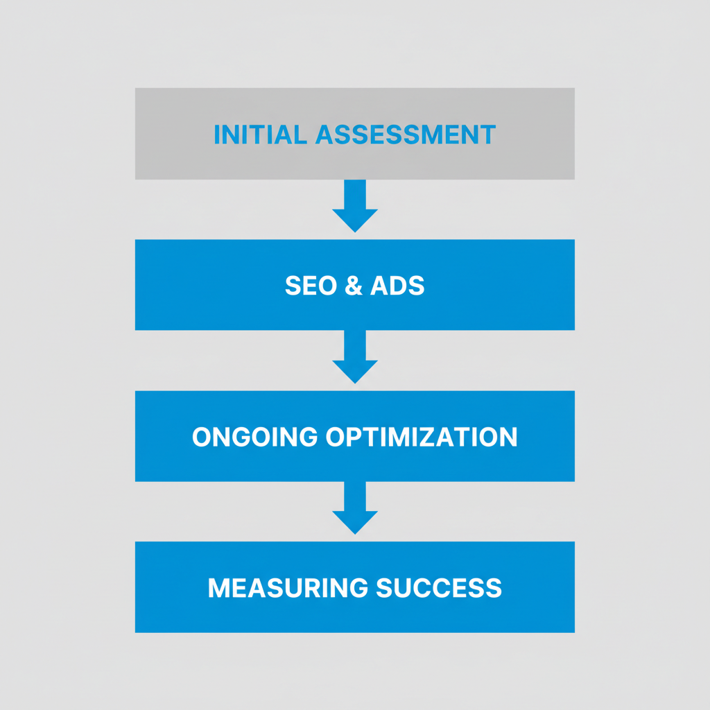 Vertical process flow diagram showing four stages of roofing marketing agency operations