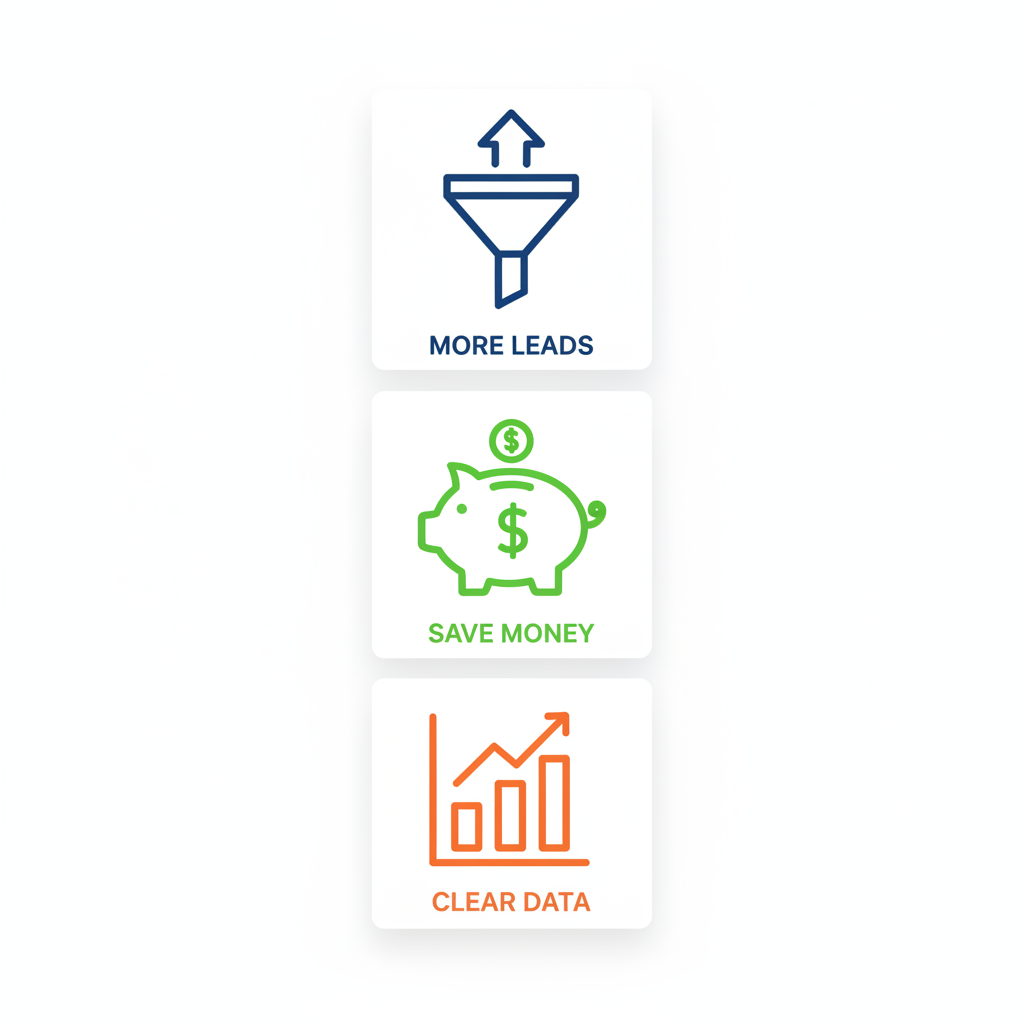 Vertical grid of three icons illustrating benefits: lead funnel in blue, savings piggy bank in green, and performance bar chart in orange.