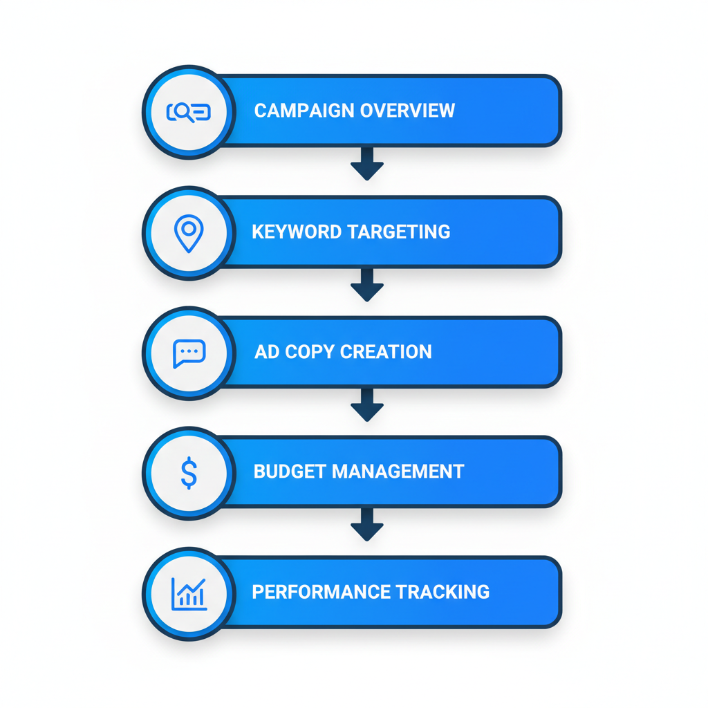Vertical process flow diagram illustrating five stages of Google Ads setup for roofing: overview, keyword targeting, ad creation, budget management, and performance tracking with icons and arrows.