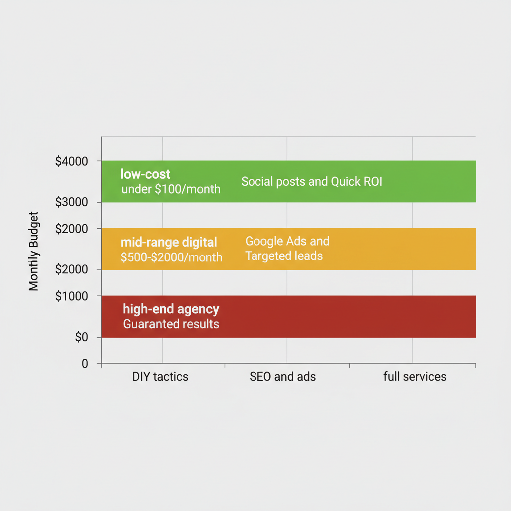 Horizontal bar chart comparing low-cost, mid-range, and high-end roofing marketing budgets with tactics and ROI notes