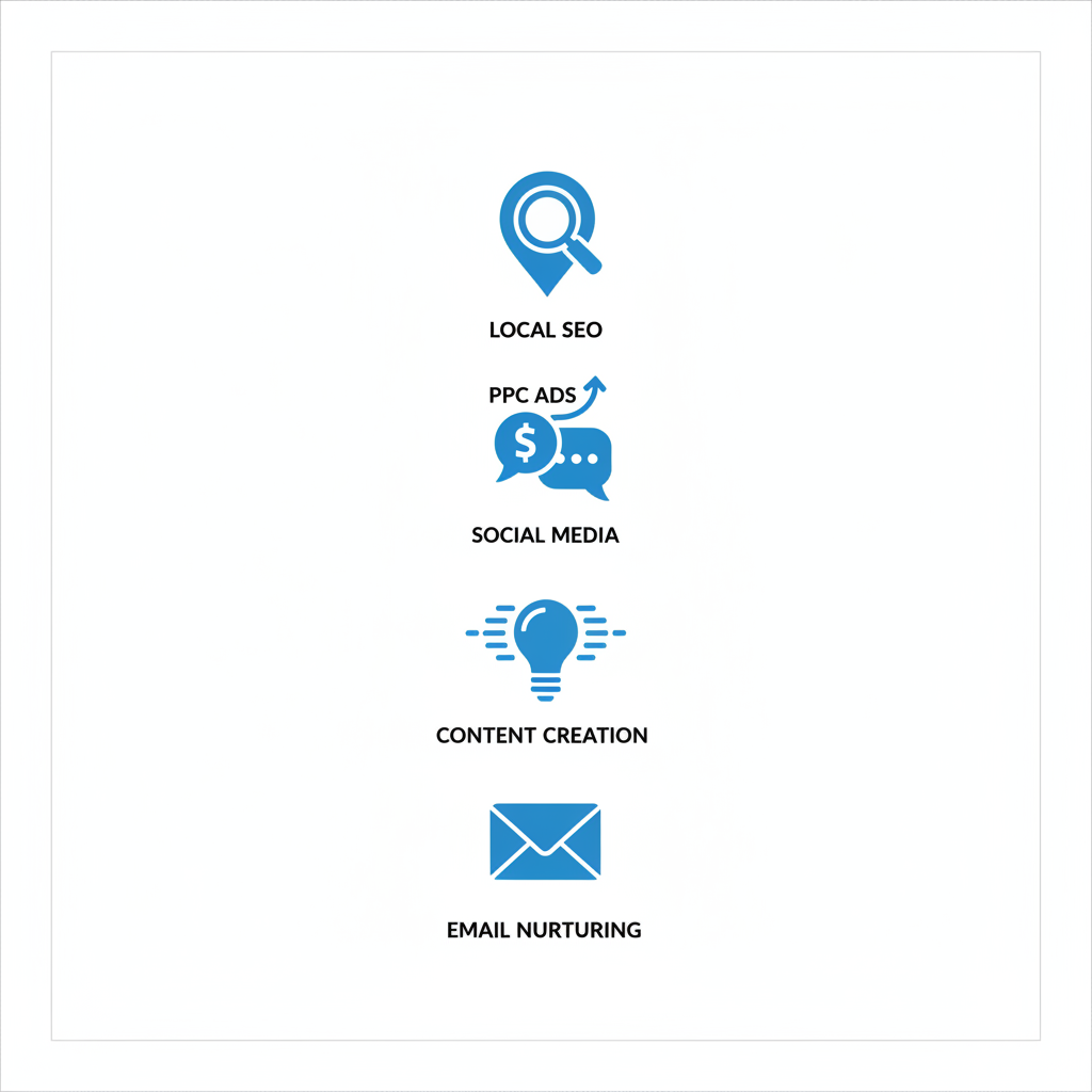 Roofing marketing icons: local SEO, PPC ads, social media, content creation, and email nurturing.