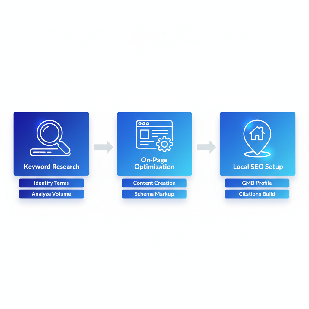 Horizontal process flow illustrating key SEO tactics for roofing businesses including keyword research, on-page optimization, and local SEO setup