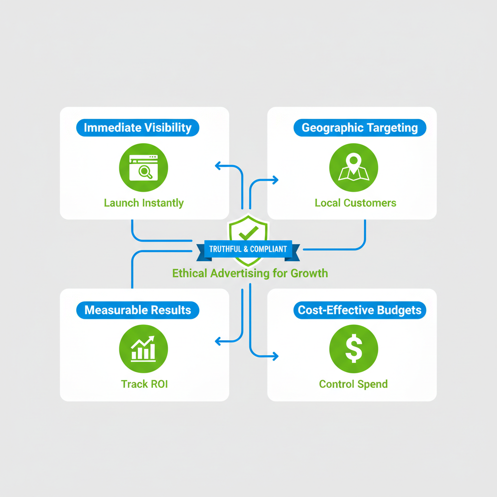Infographic illustrating four key aspects of PPC advertising for roofing: immediate visibility via keyword bids, local geographic targeting, measurable results with analytics, and cost-effective budgeting.
