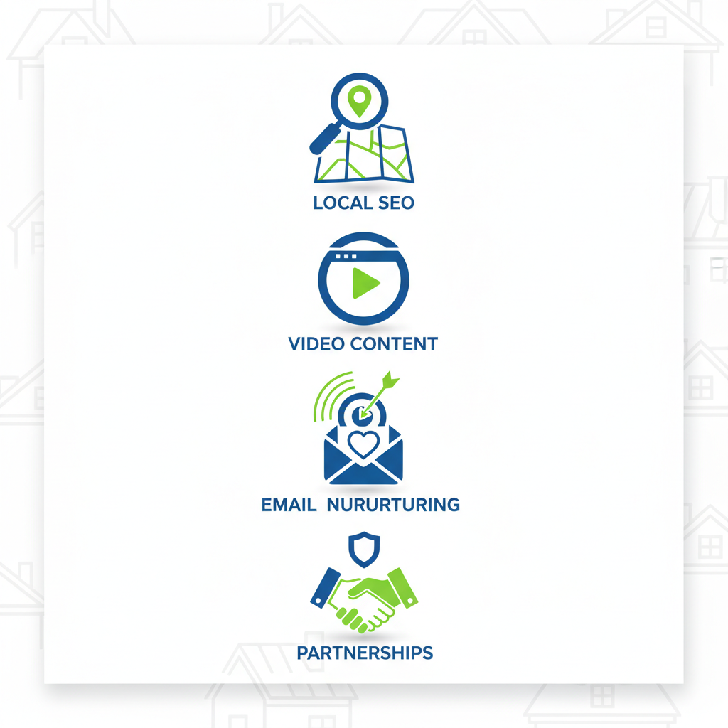 Vertical grid of five modern icons representing lead generation techniques: local SEO, content marketing, Google Ads, email campaigns, and partnerships with subtle roofing accents.