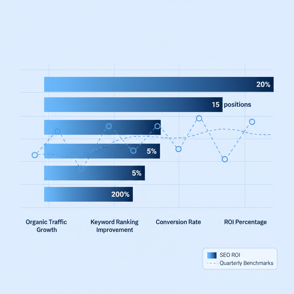 Horizontal bar chart showing SEO ROI metrics including organic traffic growth, keyword ranking improvement, conversion rate, and ROI percentage for roofing businesses