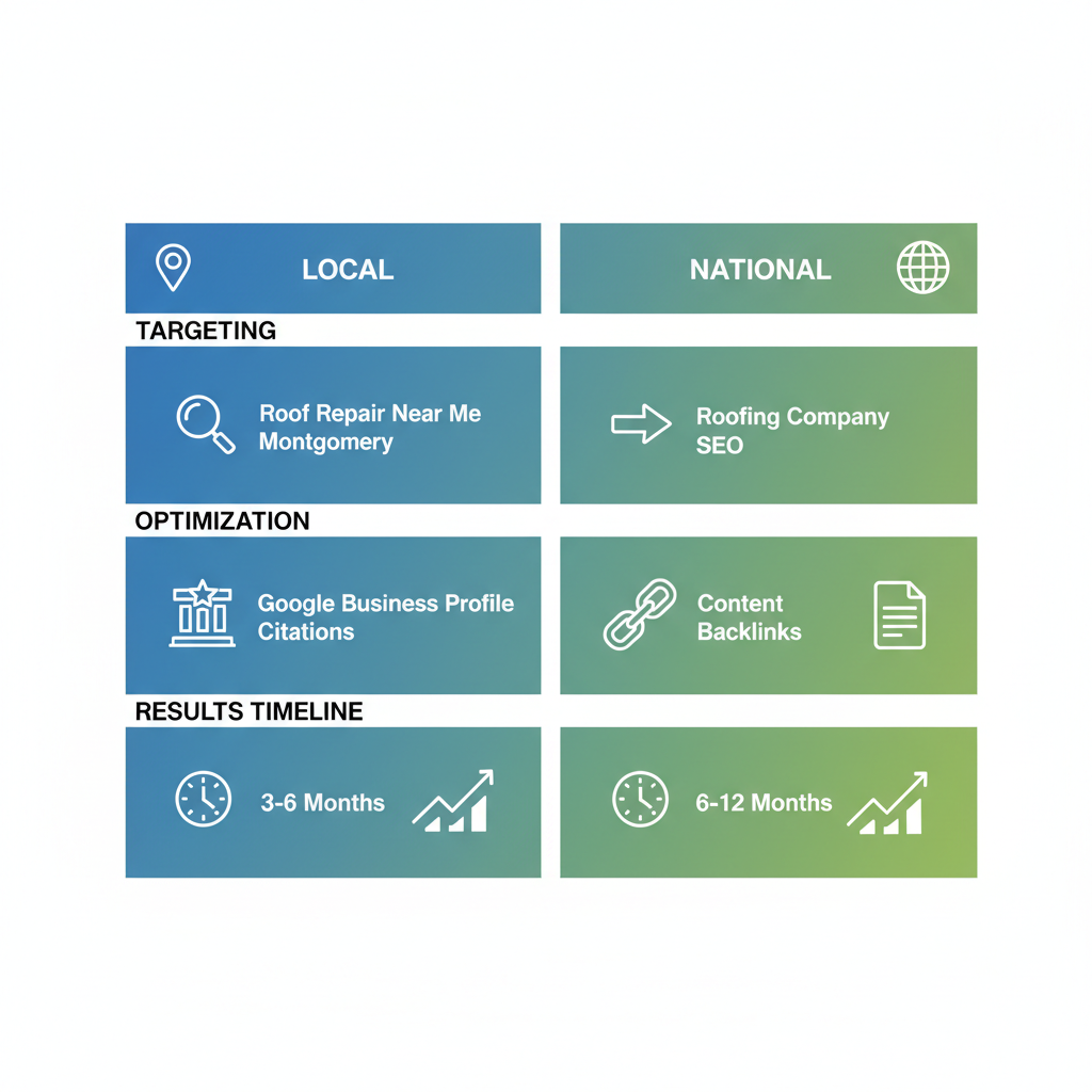 Side-by-side infographic comparing local and national SEO strategies for roofing companies in Montgomery, Texas, with columns for targeting, optimization, and results timeline.
