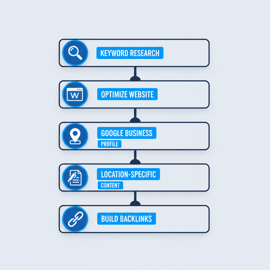 Vertical process flow diagram illustrating five steps to implement SEO for roofing companies, from keyword research to building backlinks.