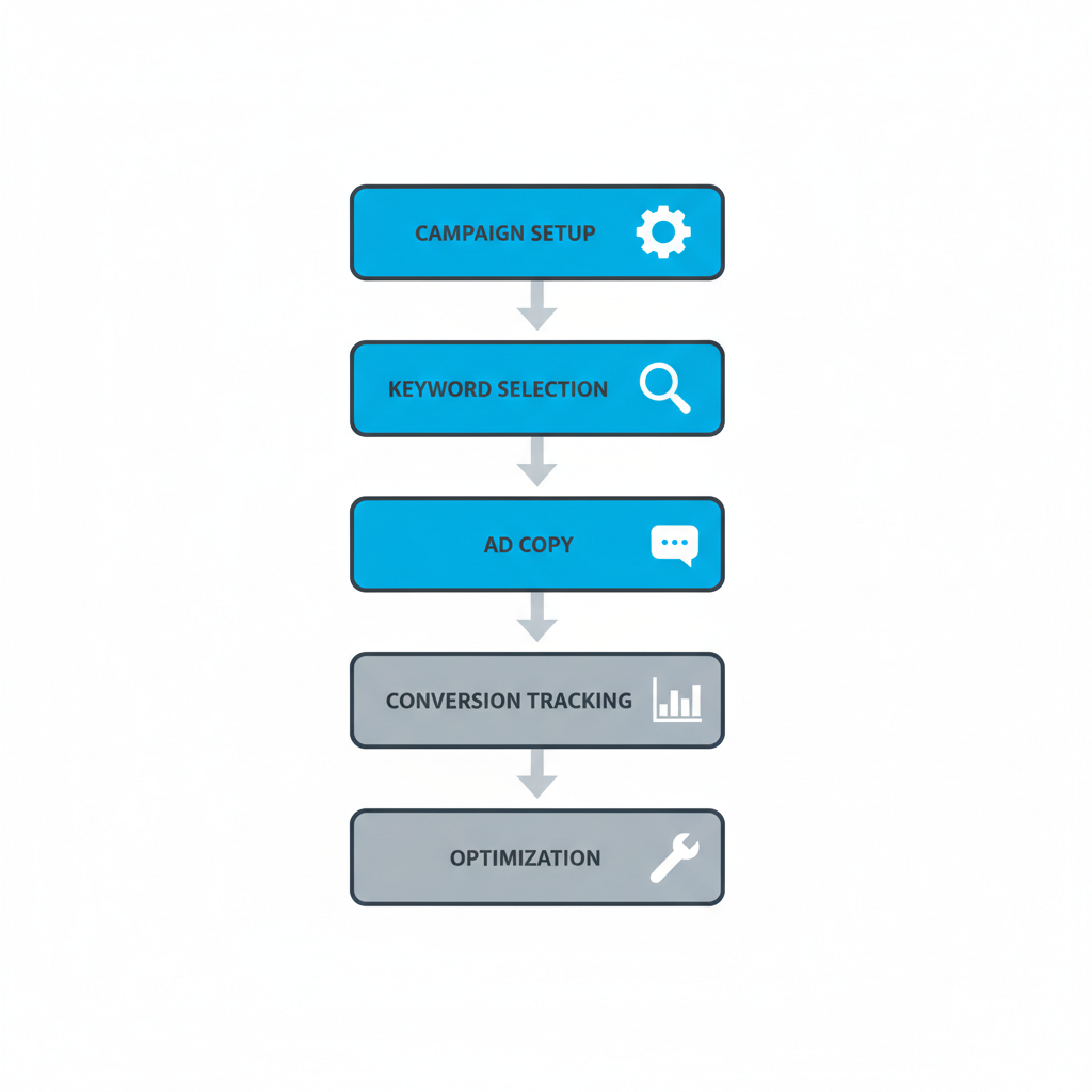Google Ads campaign setup process: keyword selection, ad copy, conversion tracking, and optimization for roofing lead generation.