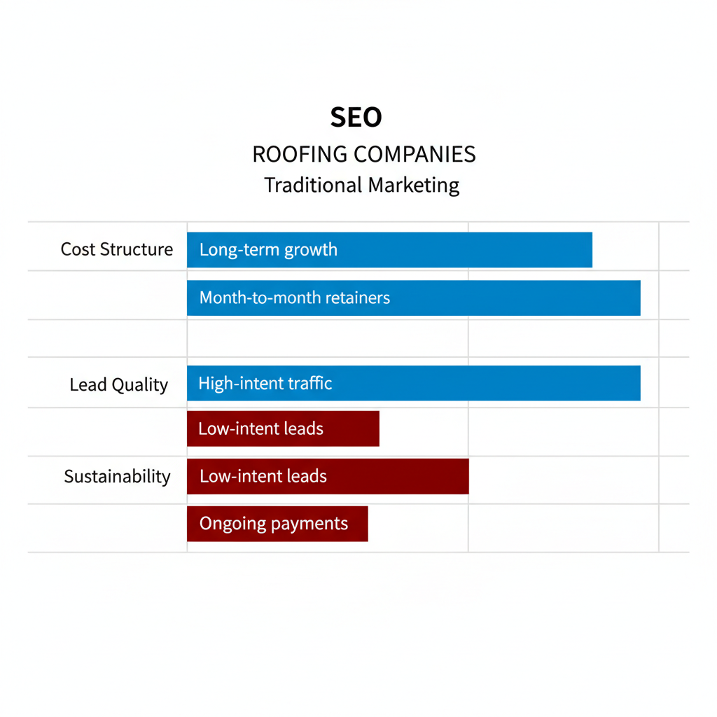 Horizontal bar chart illustrating SEO advantages over traditional marketing in cost, lead quality, and sustainability for roofing businesses