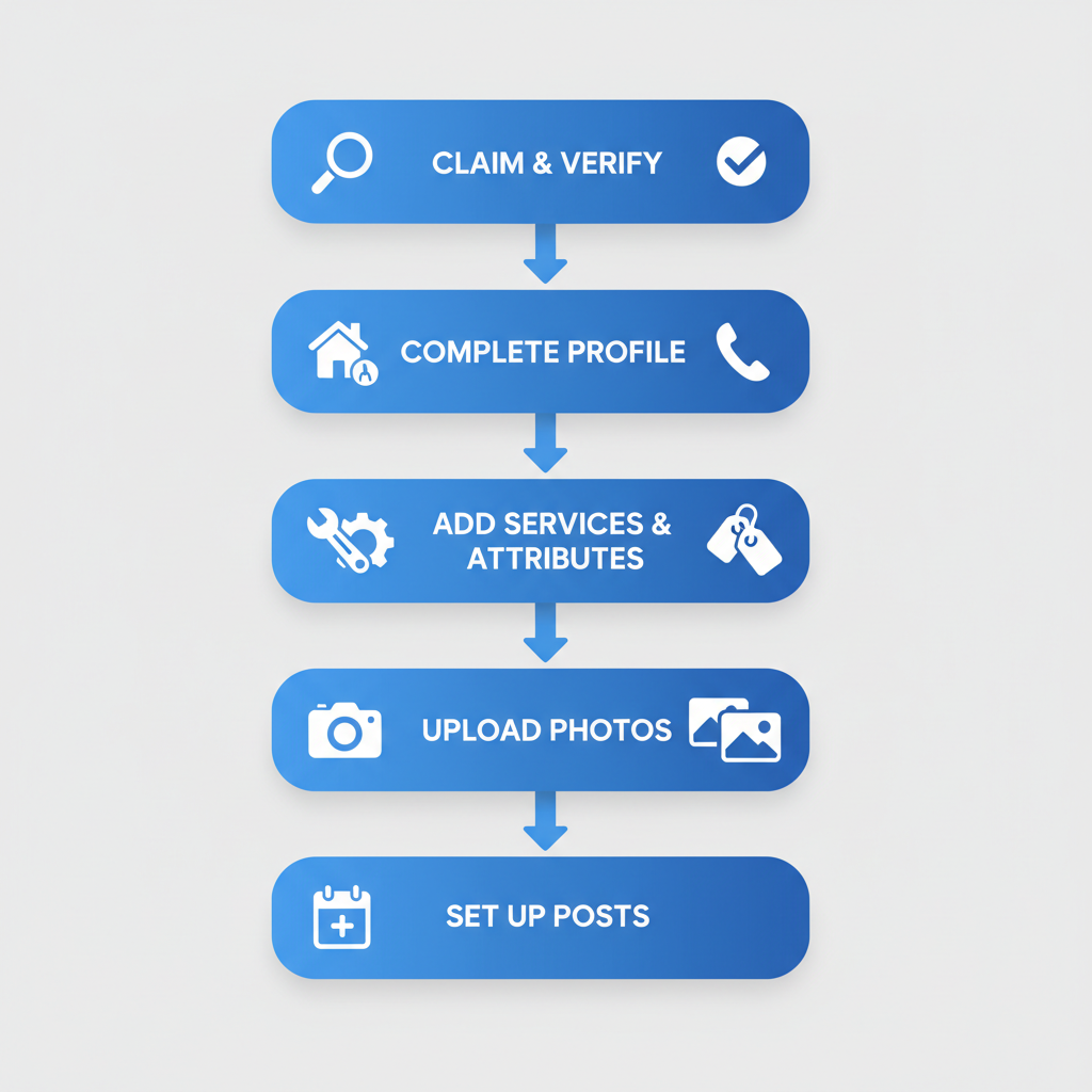 Vertical process flow diagram showing five key steps to optimize Google Business Profile for roofing companies, including icons for each stage.