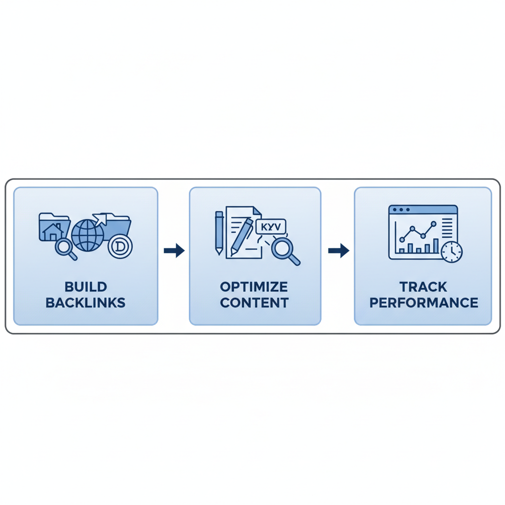 Horizontal process flow diagram showing three stages of roofing SEO: building backlinks, content optimization, and performance tracking.