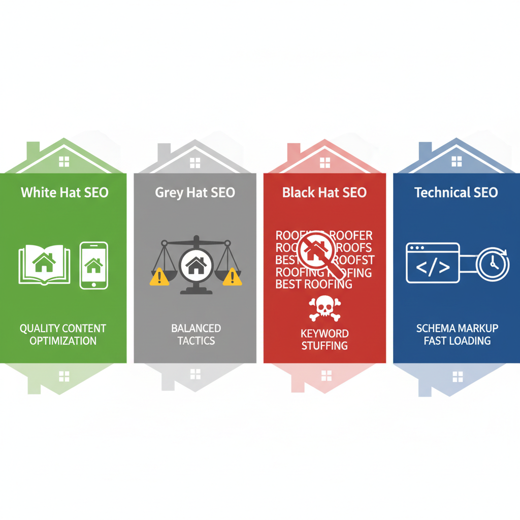 Infographic depicting four types of SEO strategies tailored for roofing companies including visual icons for white hat, grey hat, black hat, and technical SEO.