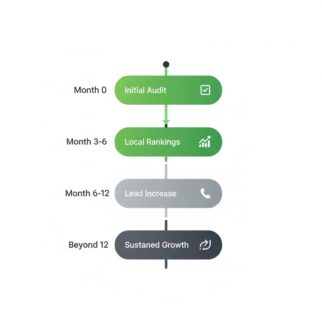 Vertical timeline illustrating SEO results progression for roofing businesses over multiple months
