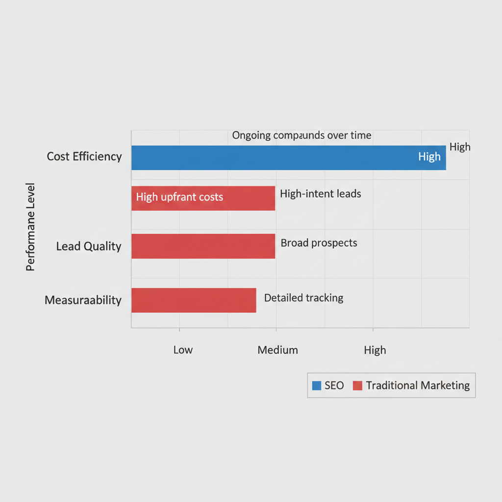 Horizontal bar chart illustrating SEO benefits over traditional marketing for roofing contractors in cost efficiency, lead quality, and measurability