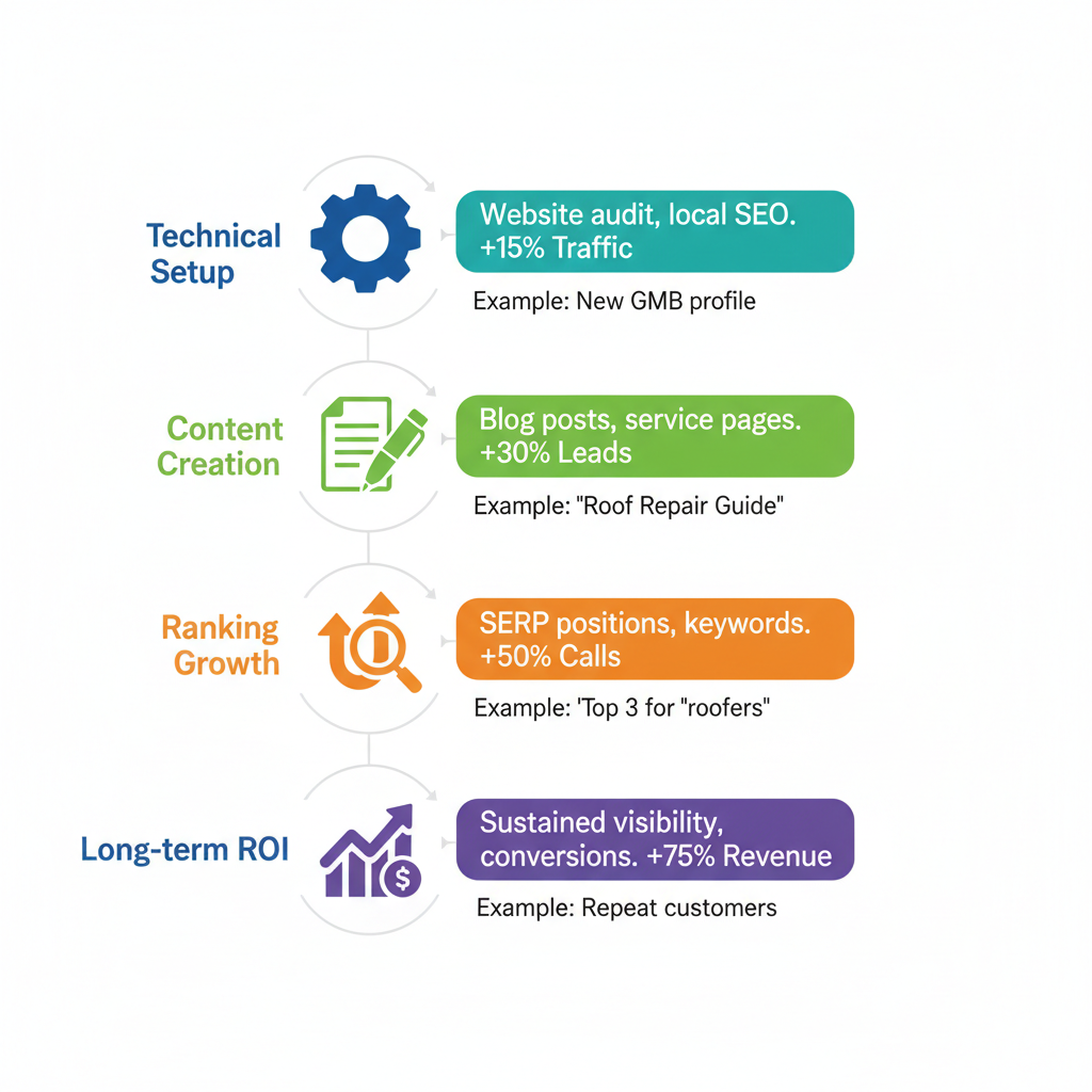 Vertical timeline illustrating SEO results phases for roofing businesses with colored milestones