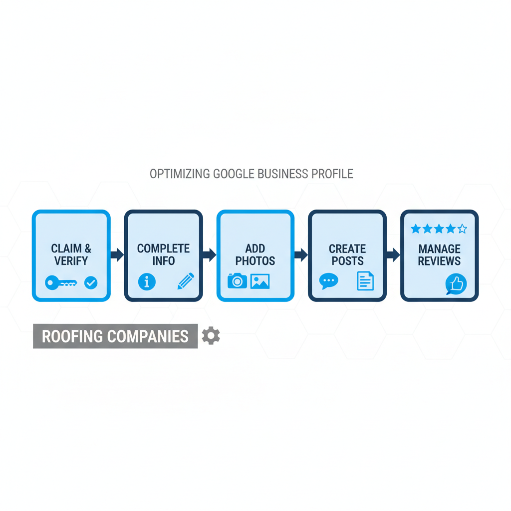 Horizontal process flow diagram illustrating five steps to optimize Google Business Profile for roofing contractors