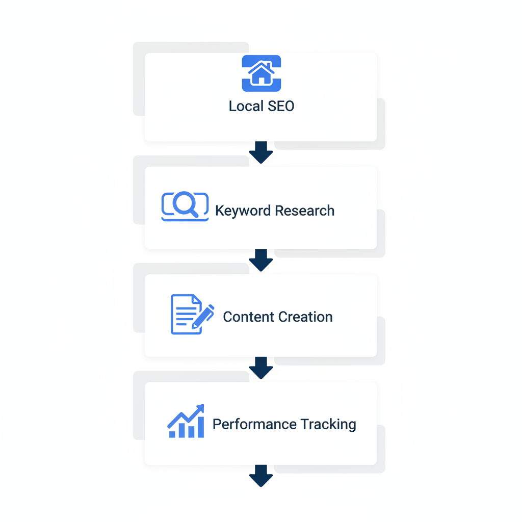 Vertical process flow illustration depicting the steps for implementing roofing SEO: local optimization, keyword research, content creation, and performance tracking.