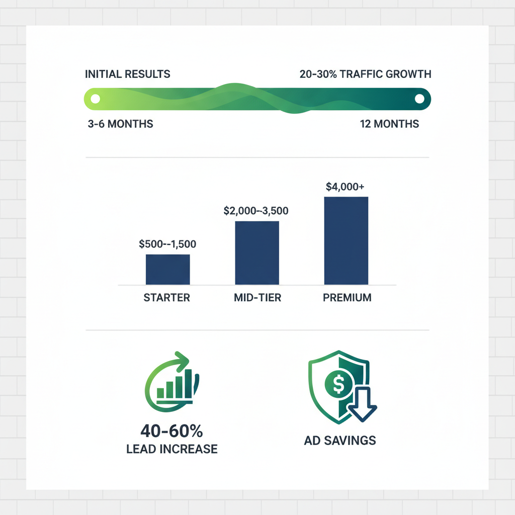 Infographic illustrating timeline, cost breakdown, and ROI benefits of roofing SEO investment