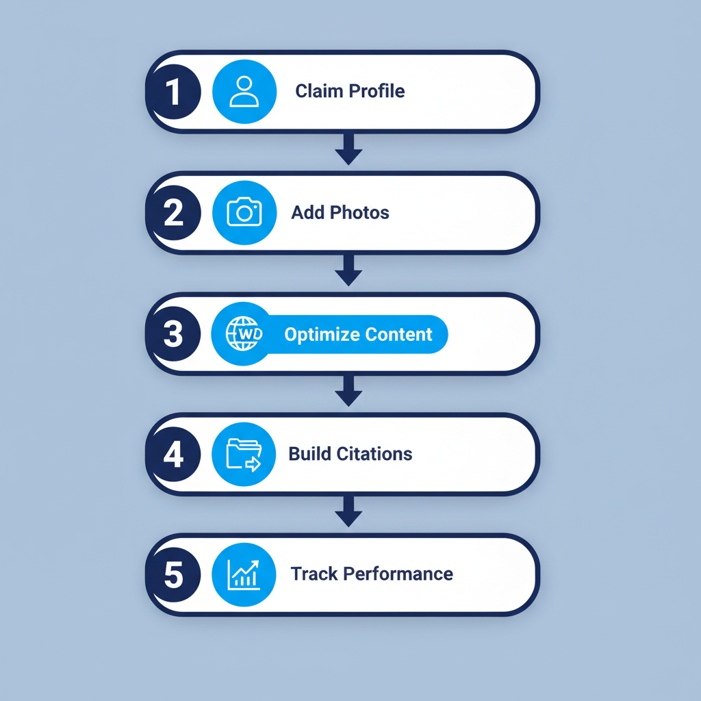 Vertical process flow diagram illustrating five key steps for local SEO in roofing