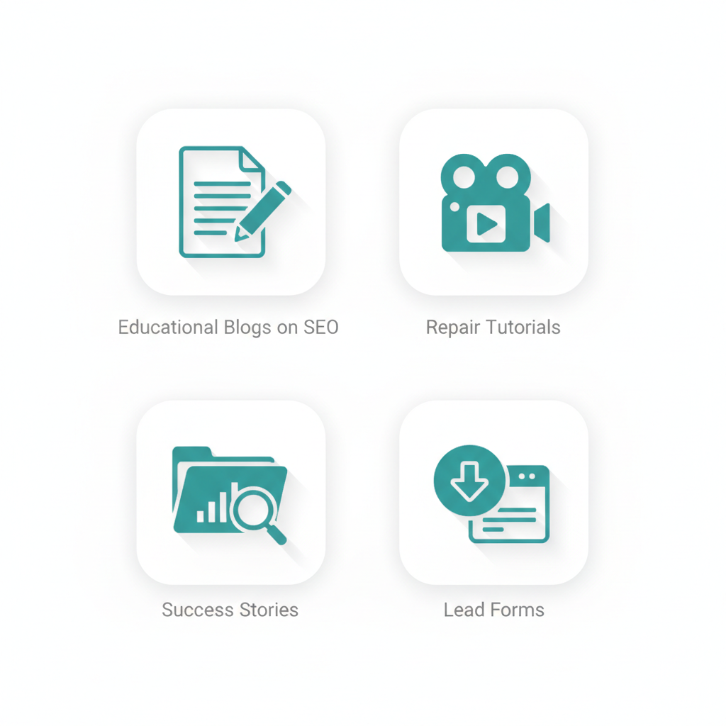 Icon set illustrating converting content strategies for roofers