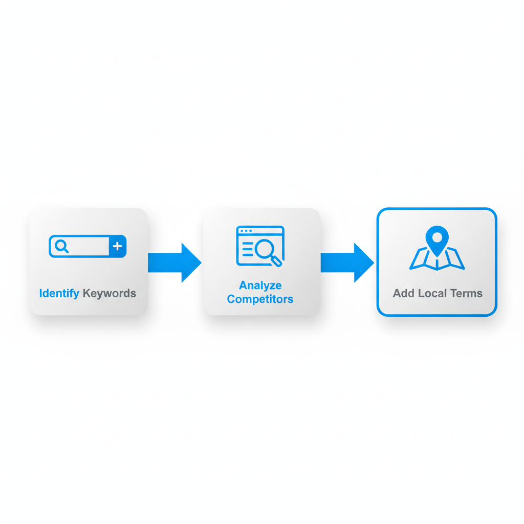 Horizontal process flow illustrating three steps for keyword research in roofing SEO: identifying terms, analyzing competitors, and incorporating local keywords.
