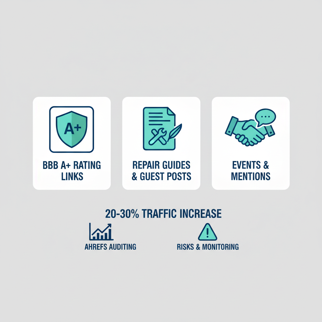 Infographic depicting strategic backlink building methods for roofing contractors using icons and minimal labels for BBB links, content creation, networking, and audit tips with traffic increase stat.