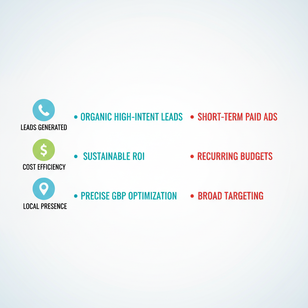 Infographic comparing SEO agency approach to traditional marketing for roofers, highlighting benefits in lead generation, cost efficiency, and local targeting with icons and color-coded columns.