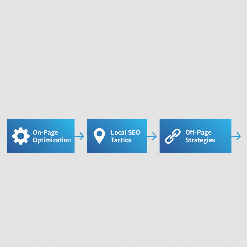 Horizontal process flow diagram showing three stages of roofing SEO: on-page optimization, local tactics, and off-page strategies with icons and arrows.