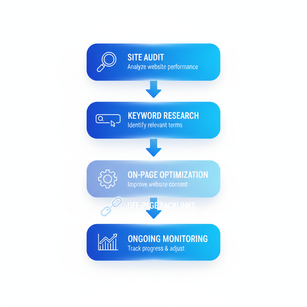 Vertical process flow diagram illustrating the five key stages of SEO for roofing contractors: site audit, keyword research, on-page optimization, off-page backlinks, and ongoing monitoring with icons and connections.