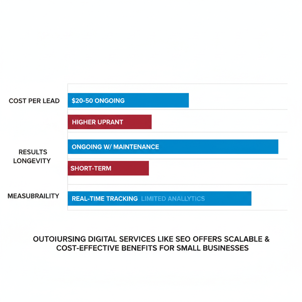 Horizontal bar chart comparing SEO and traditional marketing for roofers on cost per lead, results longevity, and measurability.