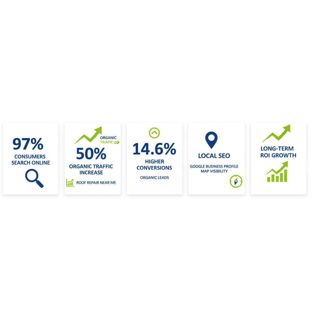 Infographic showing key SEO benefits and statistics for roofing companies including online search trends, traffic growth, conversion rates, local visibility, and ROI.