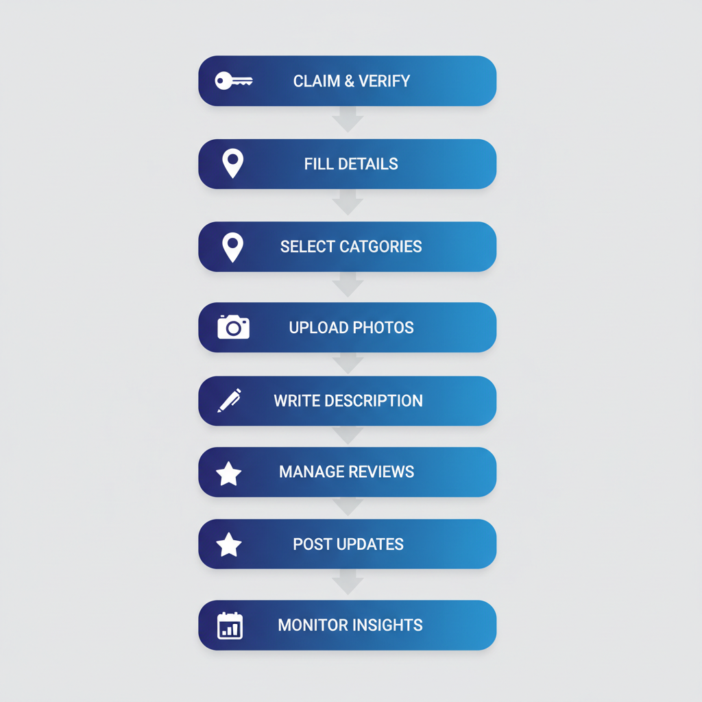 Vertical process flow diagram illustrating eight steps to optimize Google Business Profile for roofing contractors, with icons and labels.
