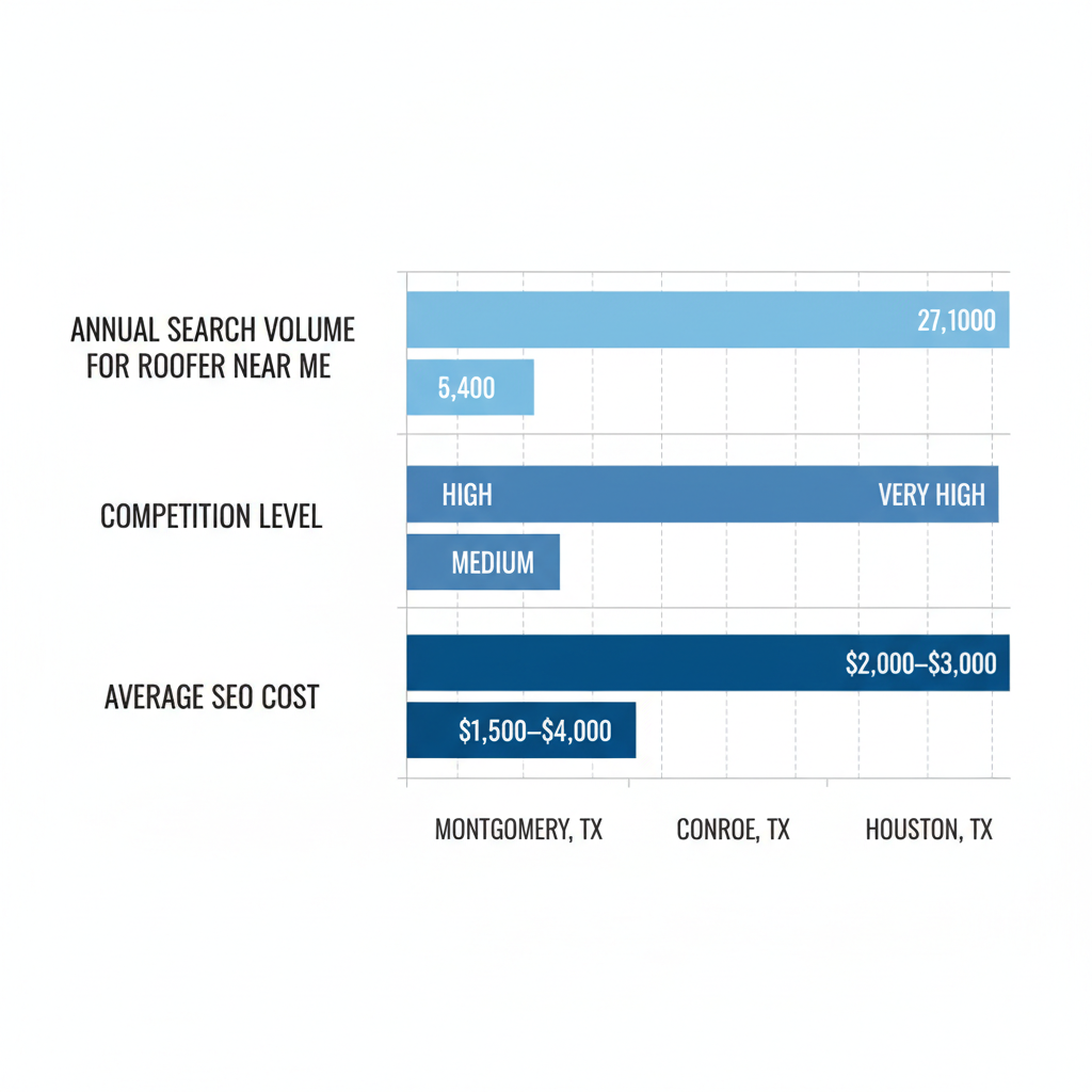 Horizontal bar chart showing roofing market metrics comparison for Montgomery, Conroe, and Houston in Texas