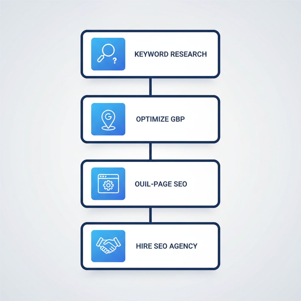 Vertical process flow diagram illustrating five key steps for launching SEO in a roofing business: keyword research, optimizing Google Business Profile, on-page SEO, building local citations, and hiring an SEO agency.