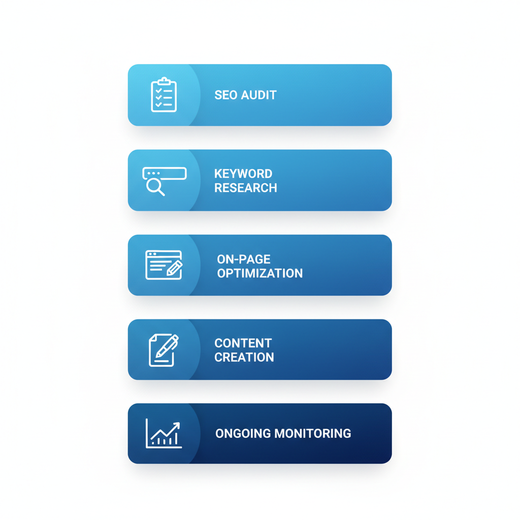 Vertical process flow illustrating five key stages of roofer SEO services: audit, keyword research, on-page optimization, content creation, and monitoring.