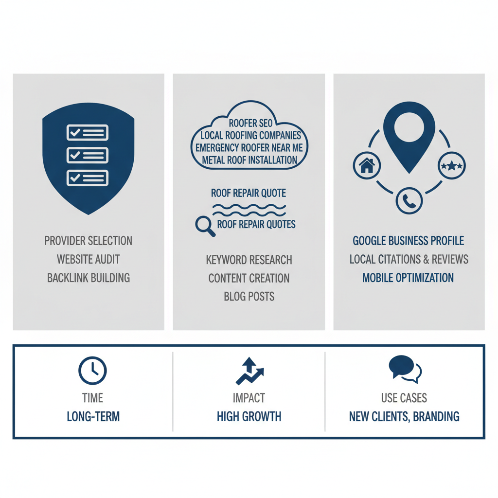 Infographic showing best practices for roofer SEO with icons for provider selection, keyword optimization, and local SEO strategies.