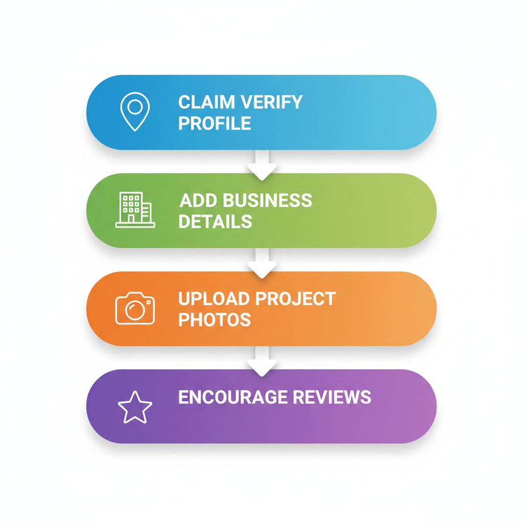 Vertical process flow diagram illustrating four steps to optimize Google Business Profile for roofing companies: claim and verify, add details, upload photos, encourage reviews.