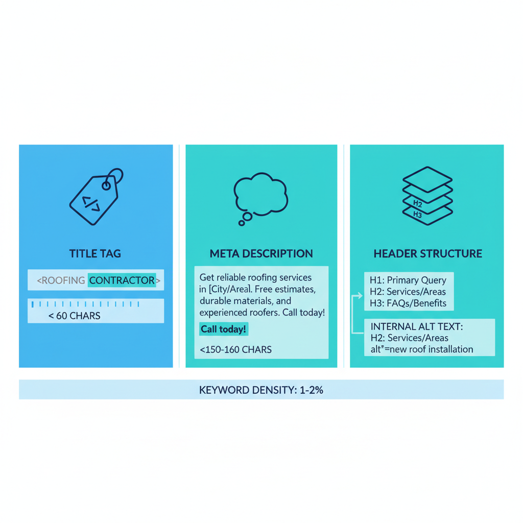 Infographic illustrating key on-page SEO components for roofing company websites, featuring title tags, meta descriptions, headers, and keyword density tips.