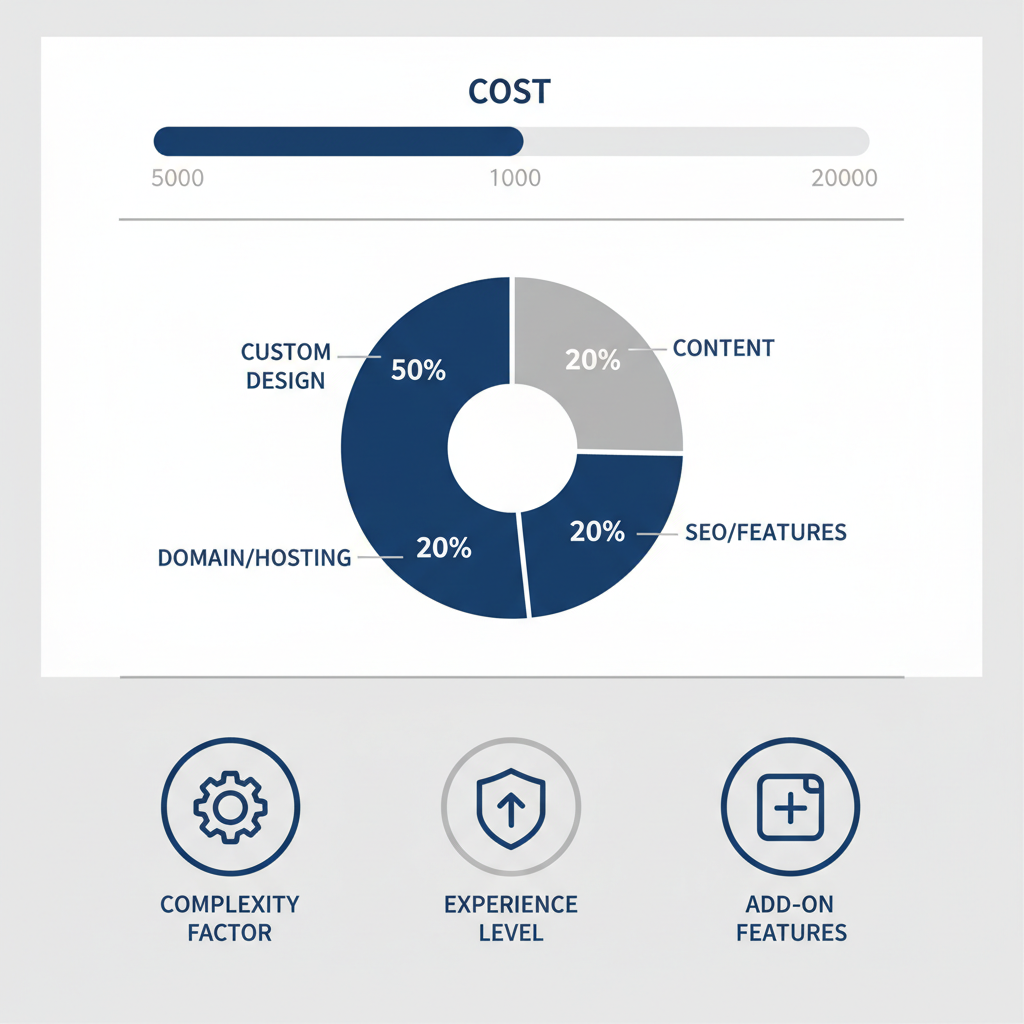 Roofing web design cost breakdown infographic illustrating custom design, content, SEO, and hosting expenses.