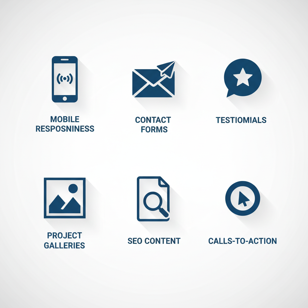 Mobile responsiveness, contact forms, testimonials, project galleries, SEO content, and calls-to-action for roofing website design.