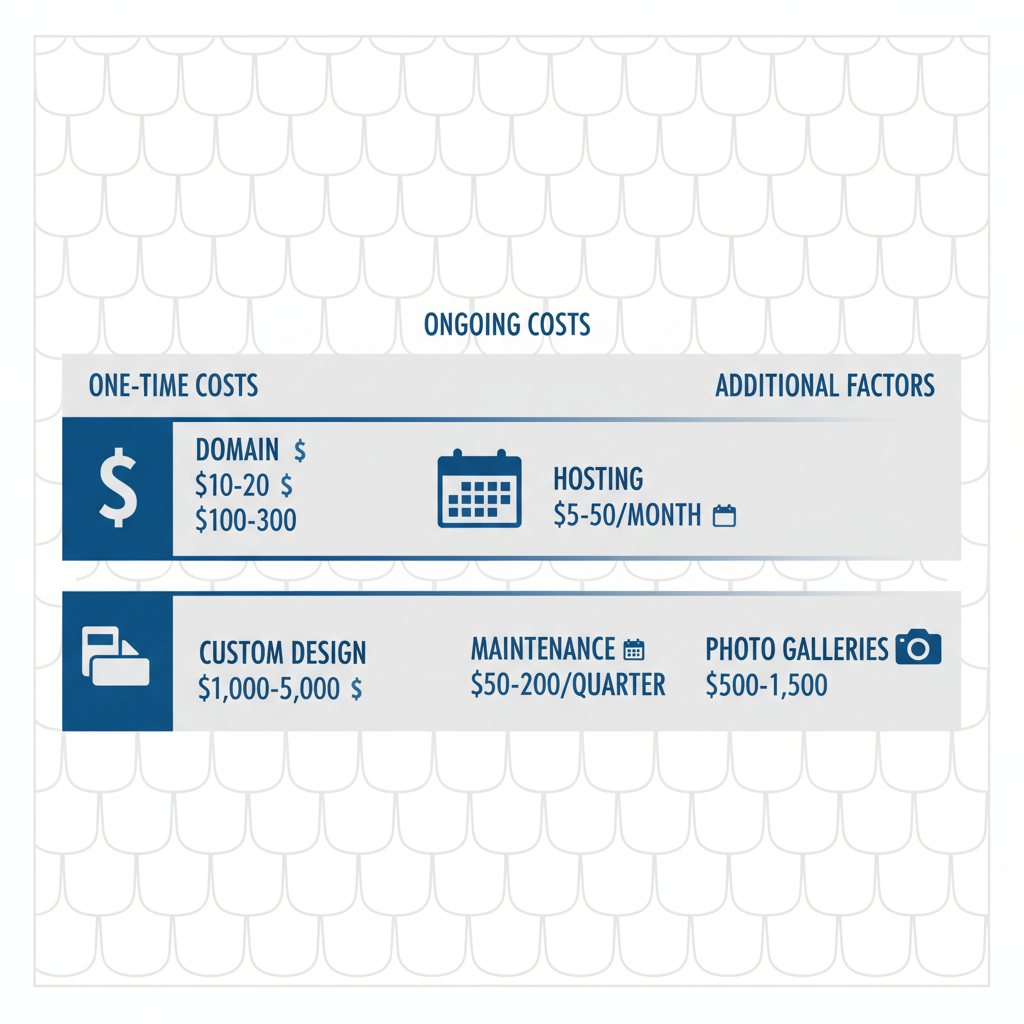Infographic illustrating cost structures for roofing web design including one-time fees, ongoing expenses, and add-ons.