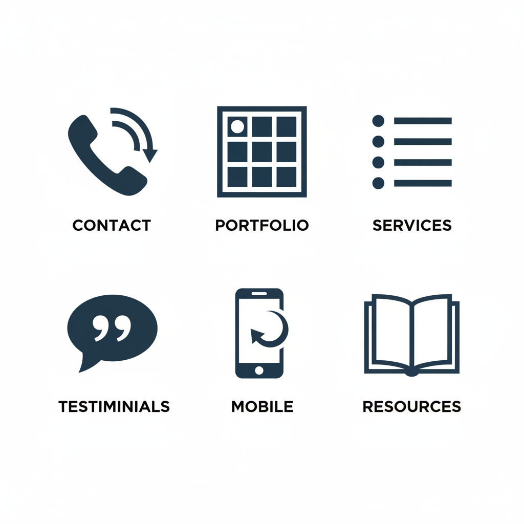 Grid of six icons illustrating best practices for roofing website design: contact, portfolio, services, testimonials, mobile, resources.