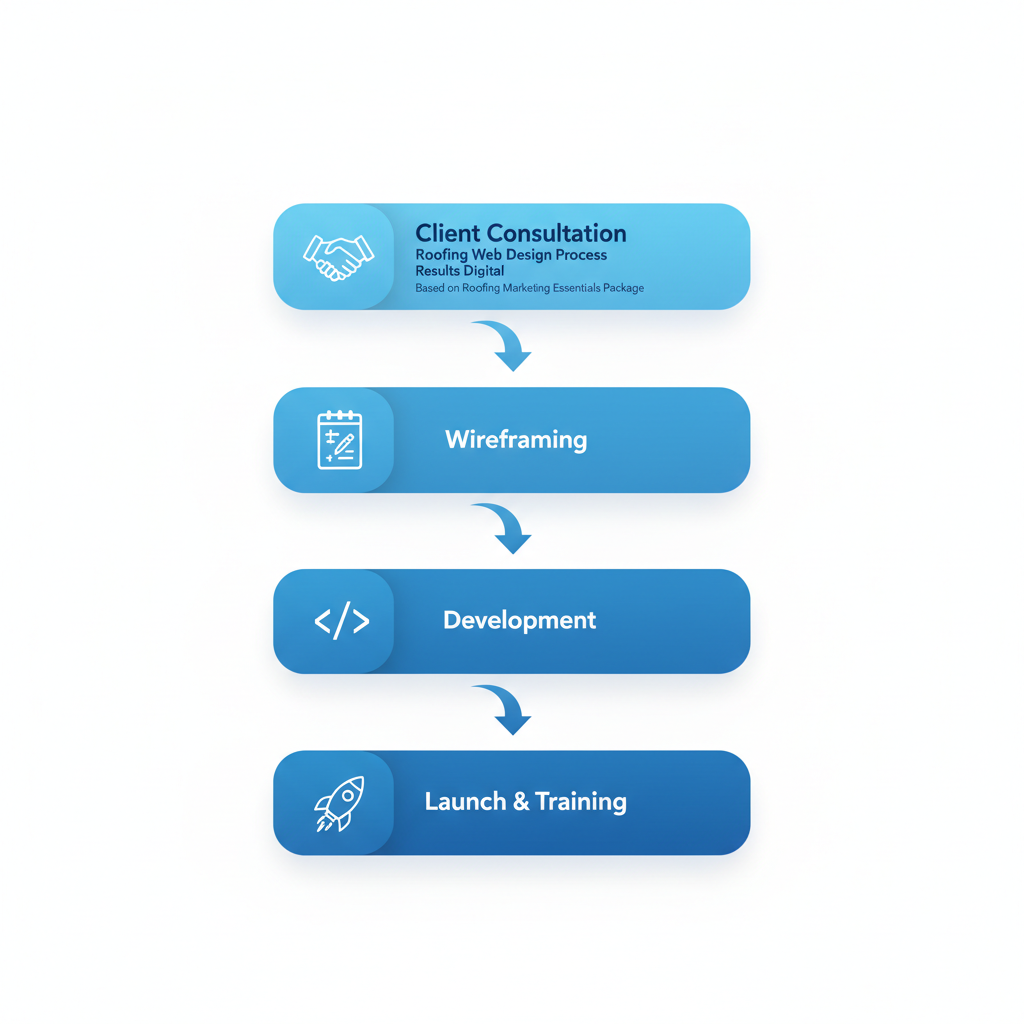Roofing web design process infographic illustrating consultation, wireframing, development, and launch with Results Digital.