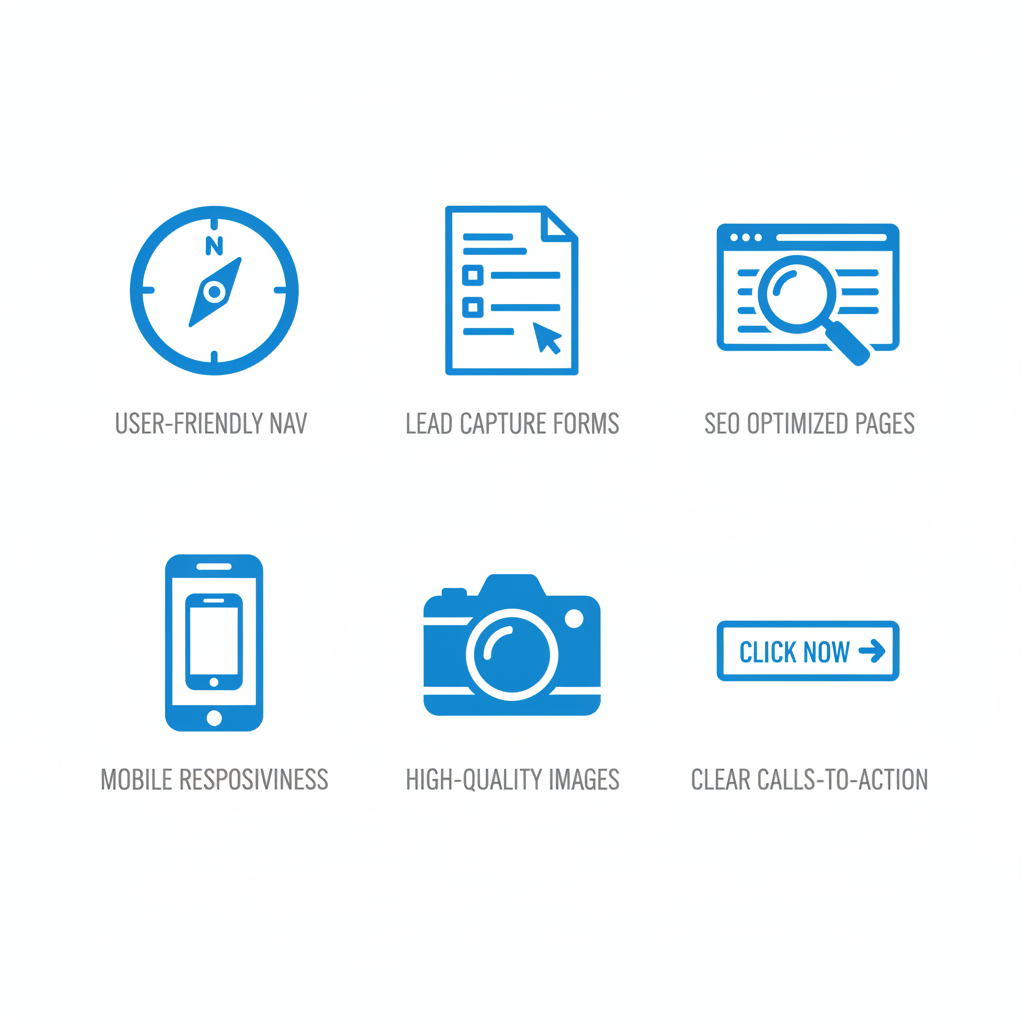 Roofing website design elements: user-friendly navigation, lead capture forms, SEO optimized pages, mobile responsiveness, high-quality images, and clear calls-to-action.