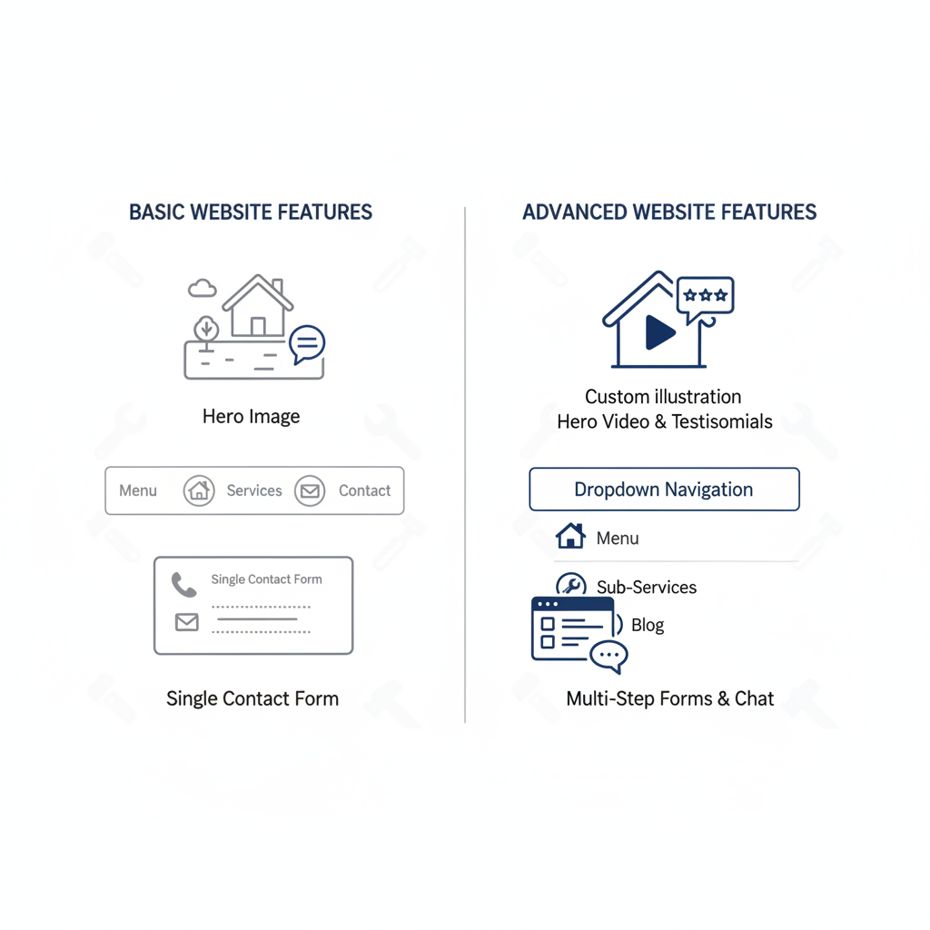 Side-by-side infographic comparing basic and advanced features for roofing company websites, showcasing design elements and navigation options.