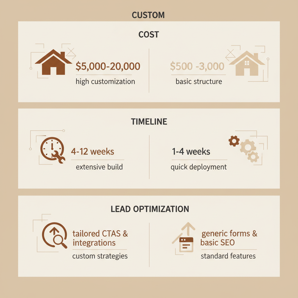 Infographic contrasting custom versus template roofing websites in cost, timeline, and lead optimization using earth tones and icons.