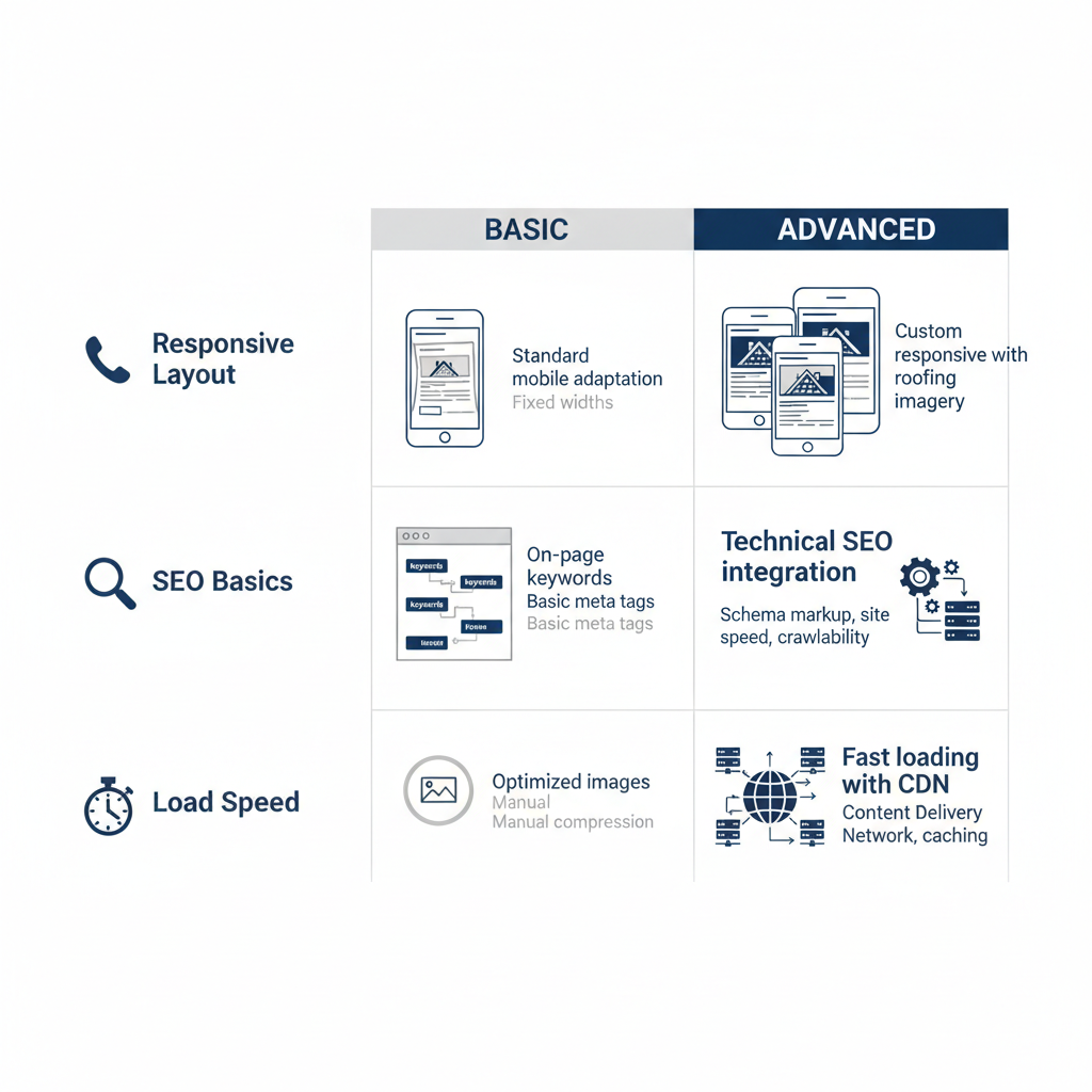 Infographic comparing basic and advanced features in roofing website design including responsive layout, SEO, and load speed.