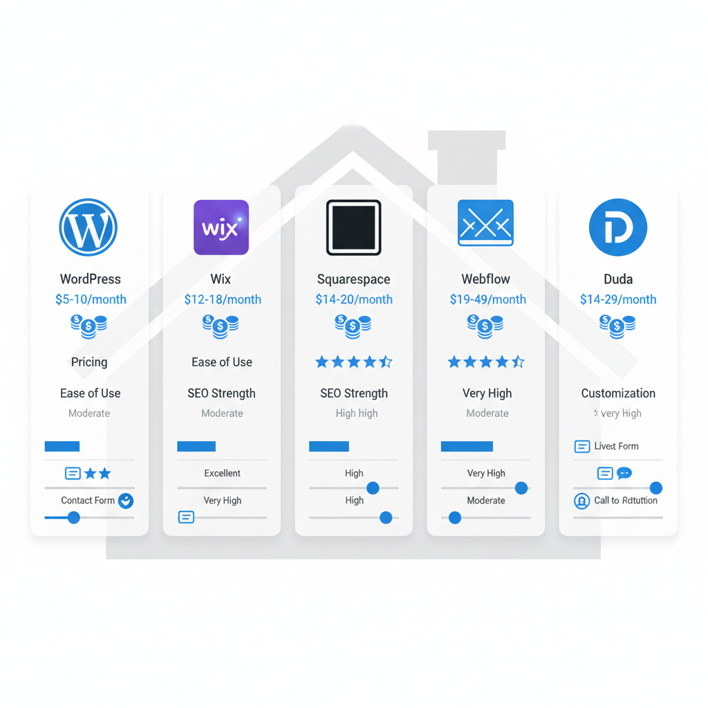 Infographic comparing five website builders for roofing companies, featuring icons for pricing, ease of use, SEO strength, customization, and lead generation features.